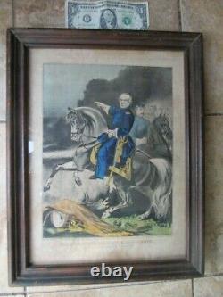 RARE Large Orig Antique Tinted Framed Currier & Ives Civil War Print, Halleck