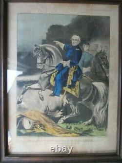 RARE Large Orig Antique Tinted Framed Currier & Ives Civil War Print, Halleck