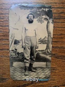 RARE tintype photo Civil War Union shirtless soldier cavalry trousers & boots