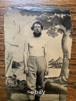 RARE tintype photo Civil War Union shirtless soldier cavalry trousers & boots