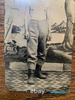 RARE tintype photo Civil War Union shirtless soldier cavalry trousers & boots