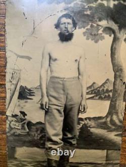 RARE tintype photo Civil War Union shirtless soldier cavalry trousers & boots