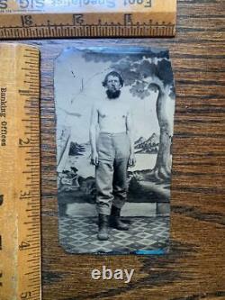 RARE tintype photo Civil War Union shirtless soldier cavalry trousers & boots