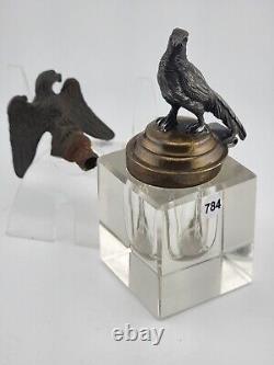 Rare 19th C Victorian Brass Eagle Inkwell W Small Civil War Brass Flag Topper