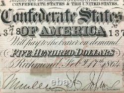 Rare Csa Five Hundred Bill Currency Richmond 1864 Rare Currency