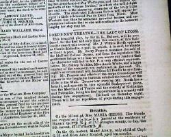 Rare John Wilkes Booth Ford's Theatre Play Advertisement 1863 Wash. DC Newspaper
