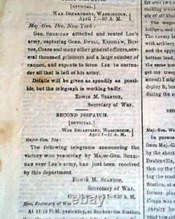 Robert E. Lee Quit Appomattox Courth House Signing EVE 1865 Civil War Newspaper