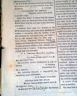 Robert E. Lee Quit Appomattox Courth House Signing EVE 1865 Civil War Newspaper