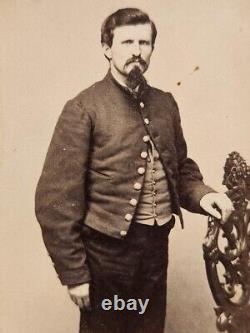 Sharp standing view Cdv of unidentified soldier in a shell jacket withElmira NY BM
