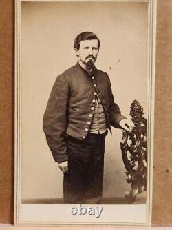 Sharp standing view Cdv of unidentified soldier in a shell jacket withElmira NY BM