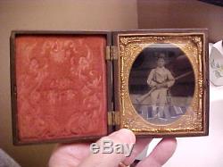YOUNG Confederate withRifle, Odd Holsters, Early Kepi, Civil War 1/6 Tintype Photo